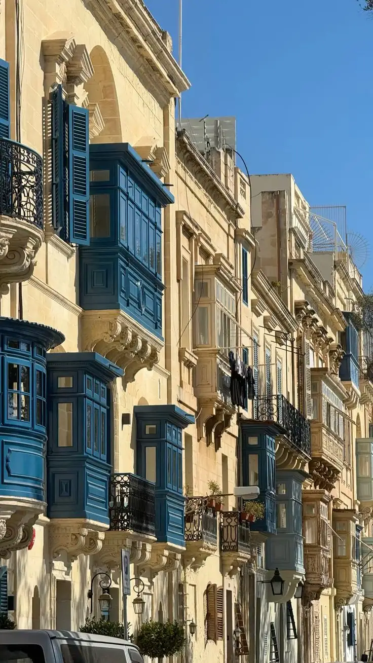A city street with row houses