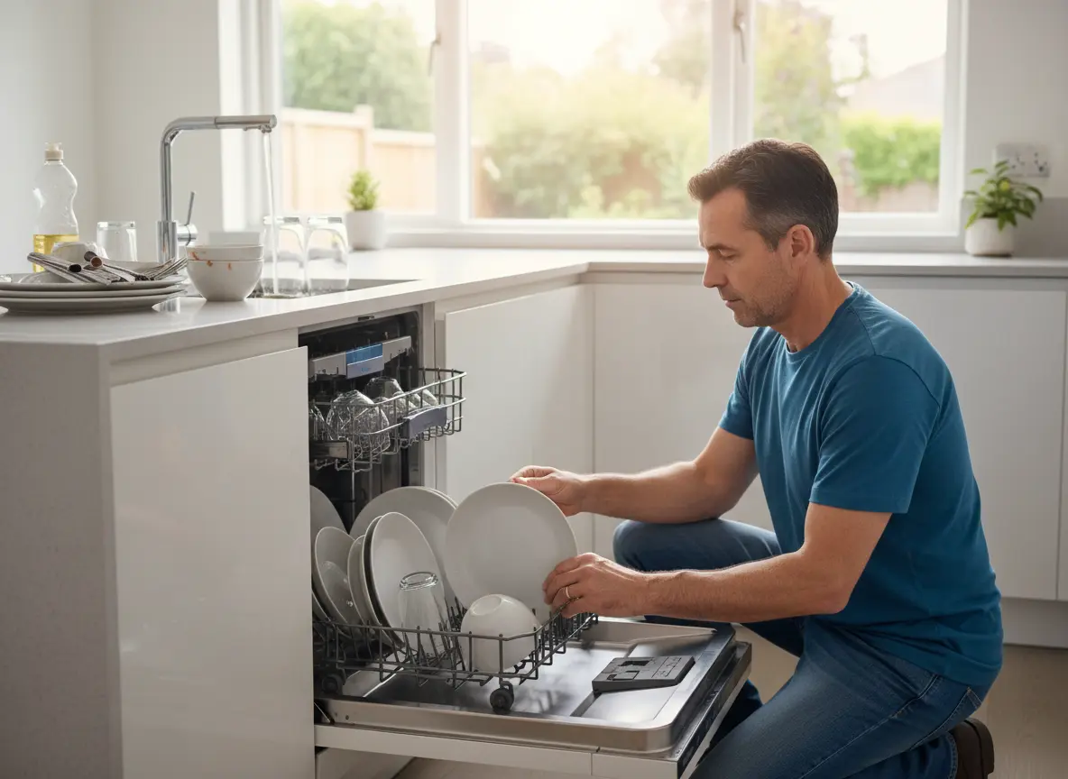 AI generated image of someone loading a dishwasher