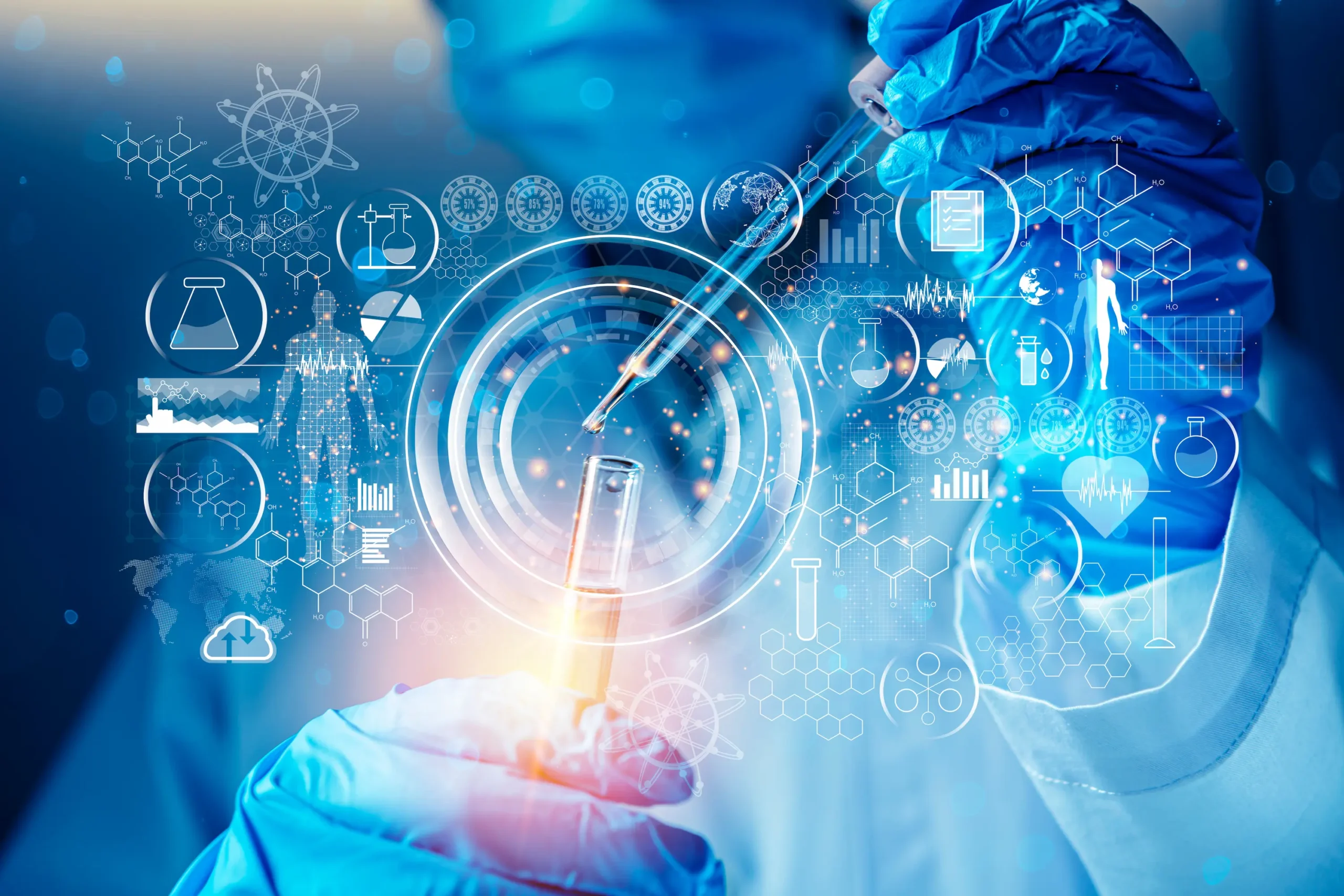 Genetic research and Biotech science Concept of a researcher with a test tube and a pipette
