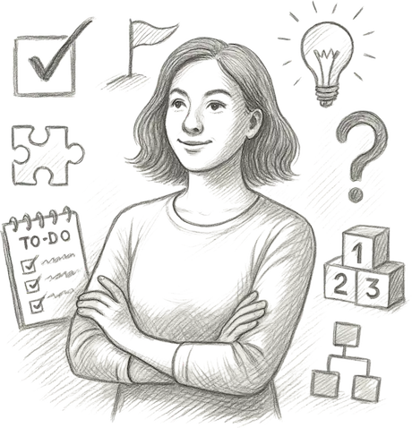 Charcoal image of a woman with icons around