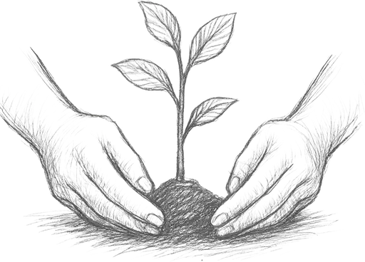 Charcoal image of hands planting seedling