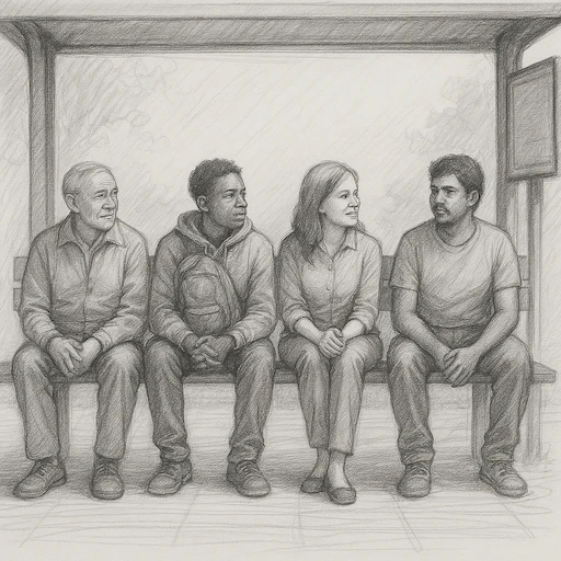Charcoal image of people sitting at bus stop