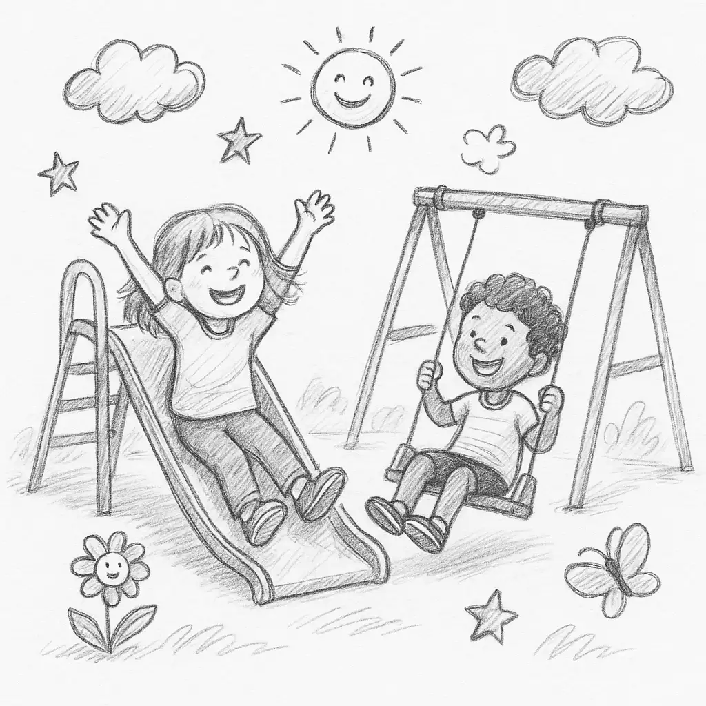 Charcoal drawing of kids on a playground