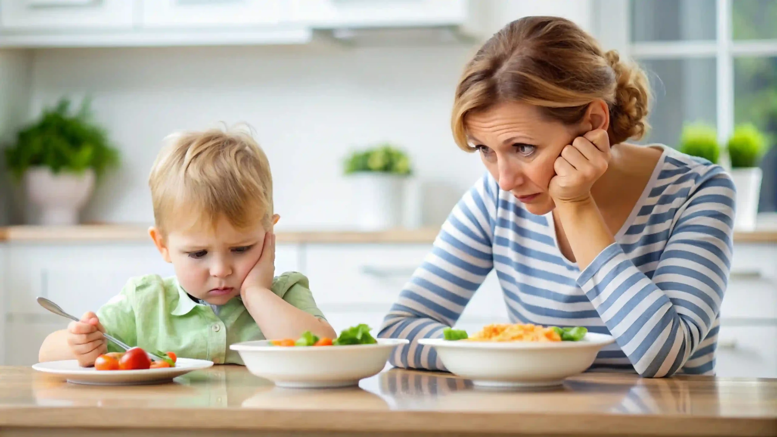 Mom and kid looking at vegetables