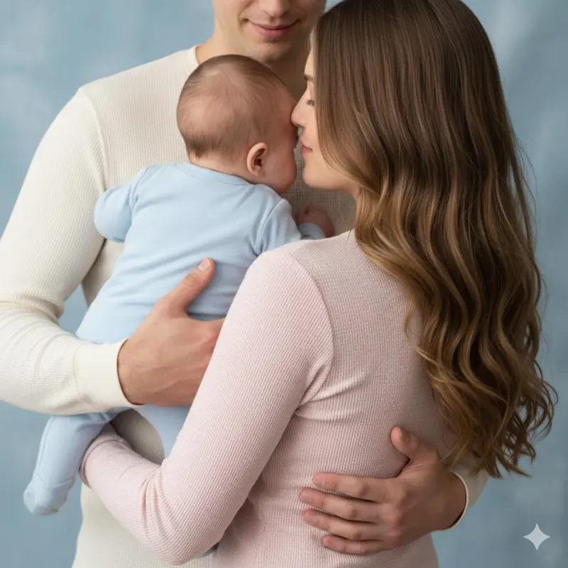 Parents holding a baby and hugging