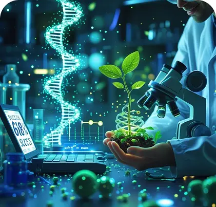 Collection of science images including a helix, plant, scientist, and microscope.