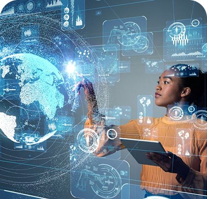 Woman scientist working on a sci-fi touch screen with an earth image.