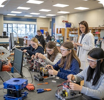 A professor supervising an electronics lab of students working