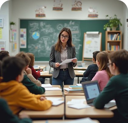 A teacher is at the front of a classroom with students at desks and a test