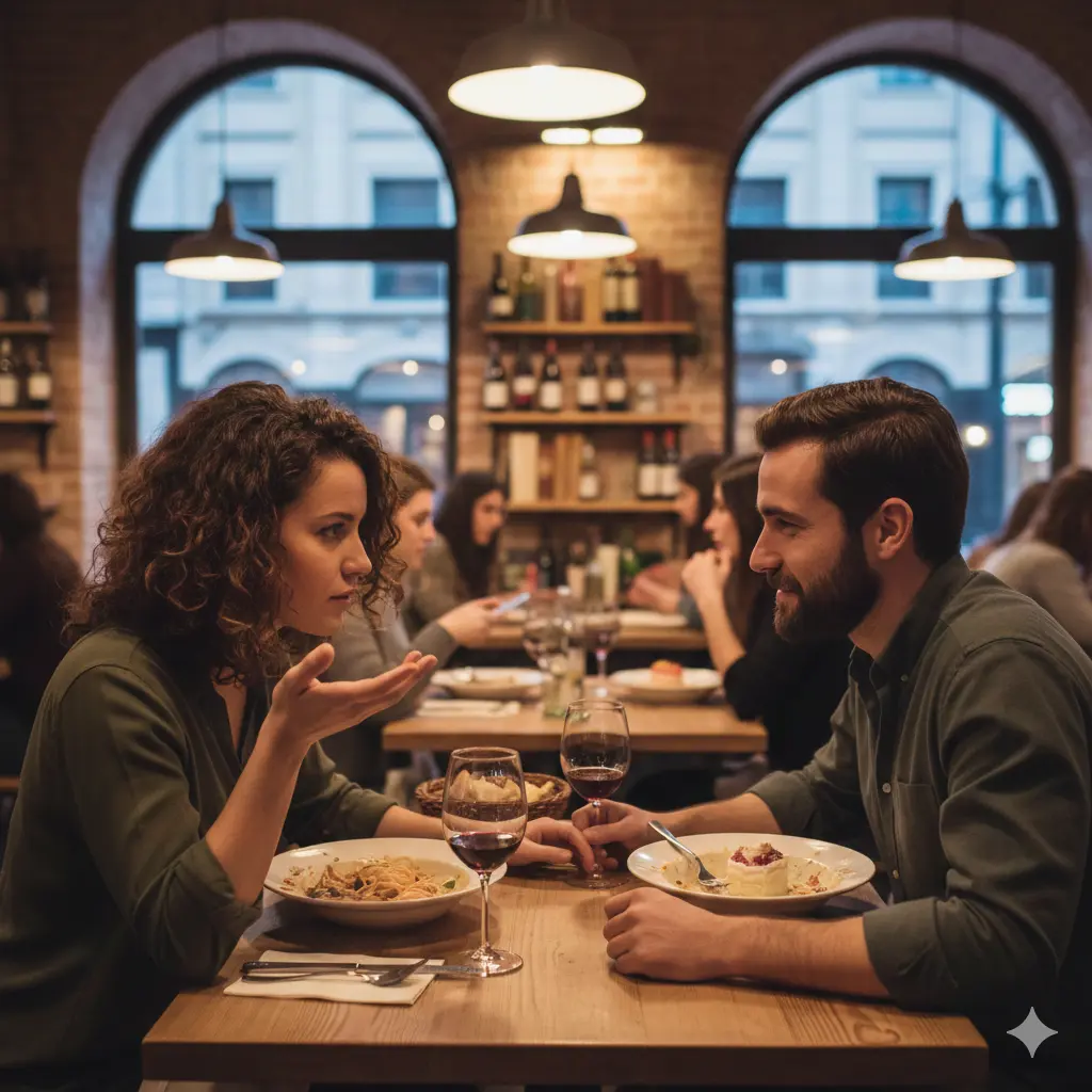Two friends talking at dinner at a restaurant