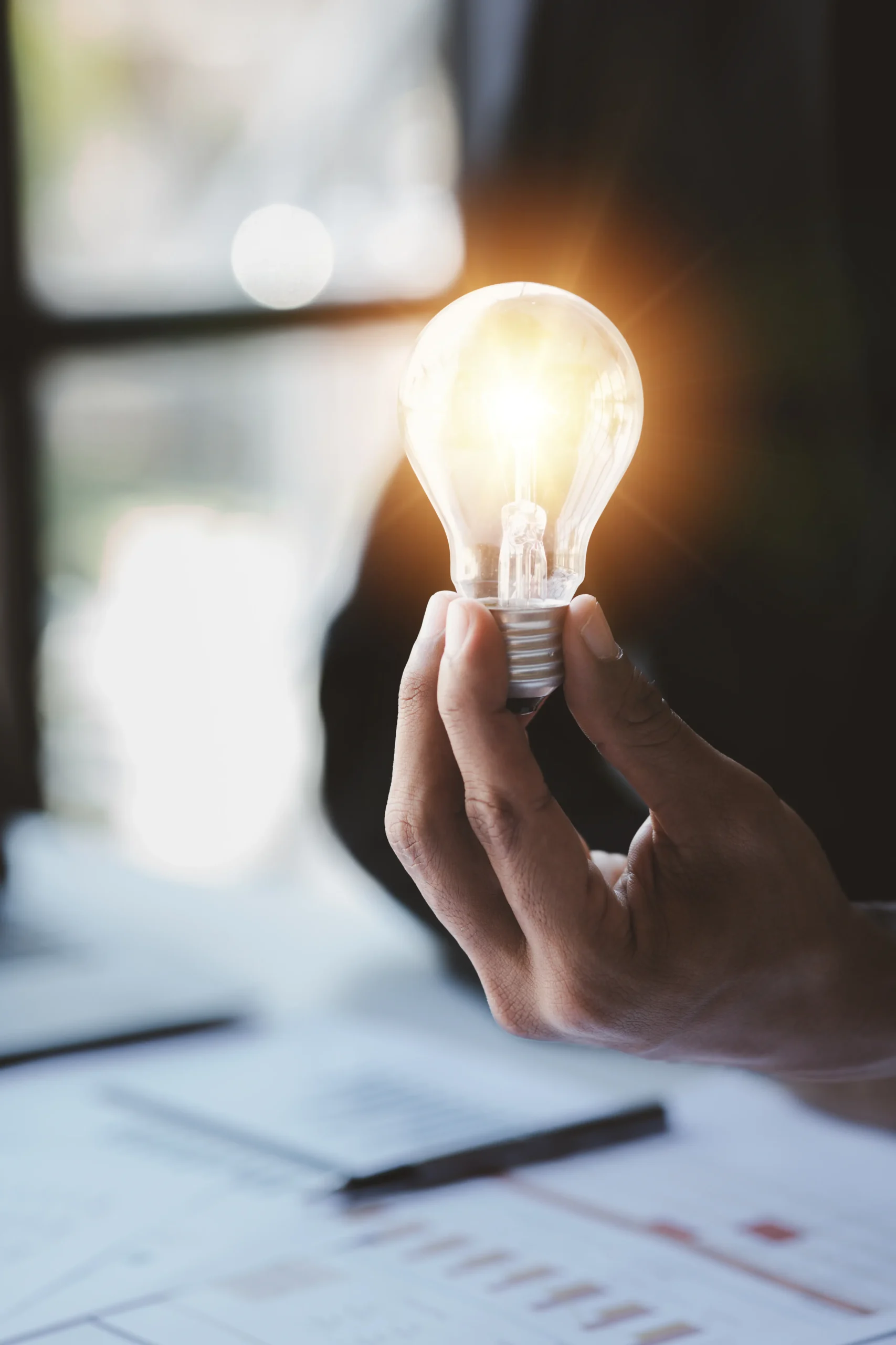 Hand holding an illuminated light bulb